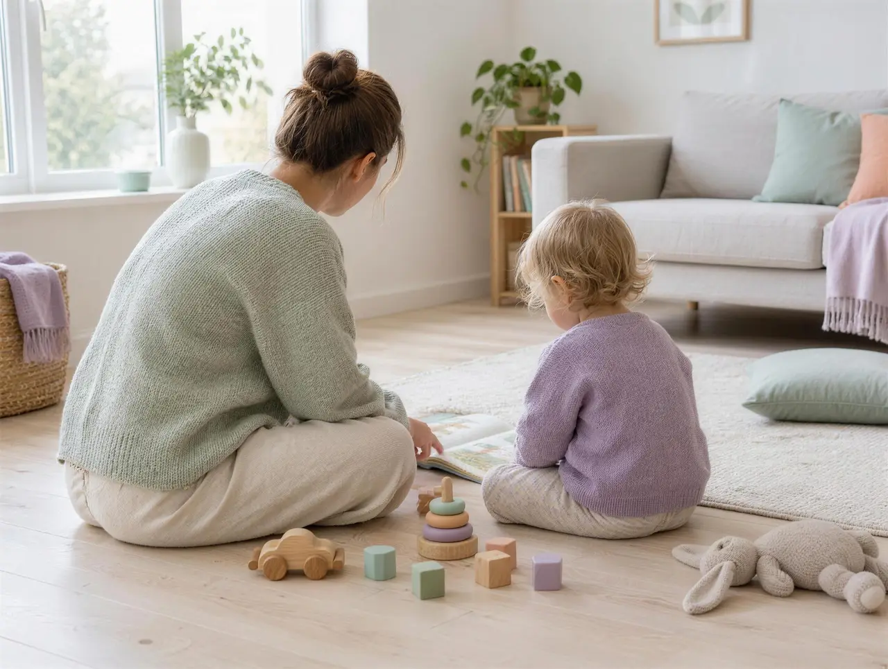 En förälder och ett litet barn sitter på golvet och leker med träleksaker